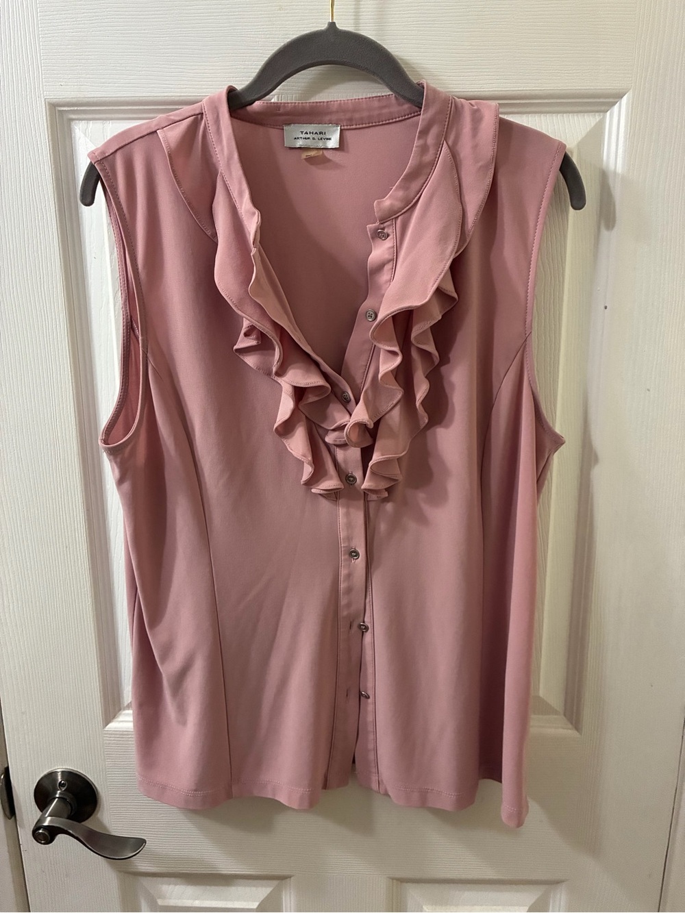 Tahari ASL Pink Sleeveless Ruffle Button-Front Blouse